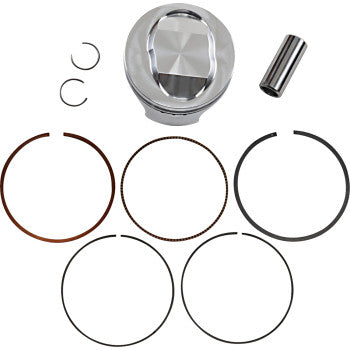 The Piston Kit by JE Pistons includes a forged aluminum piston, piston rings, two circlips, and a piston pin, all displayed on a white background.