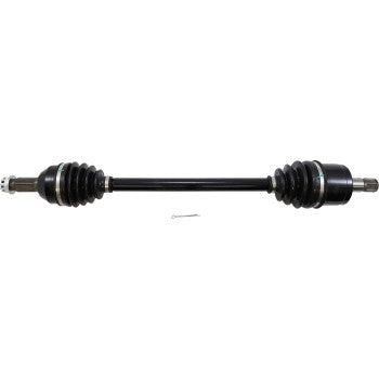 Black steel Honda Pioneer rear left axle shaft with rubber protective boots on both ends and metal splines visible on one.