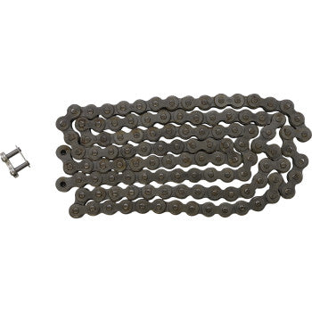 The 420 HDR Heavy Duty Drive Chain Steel 114 Links by JT Chains is arranged in an S-shape on a white background, with its connecting link placed separately to the left of the chain.