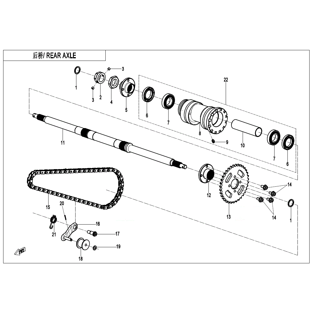 An Image of a genuine CFMOTO Parts Schematic Diagram showing the group - REAR AXLE - 2023 CFMOTO CFORCE 110