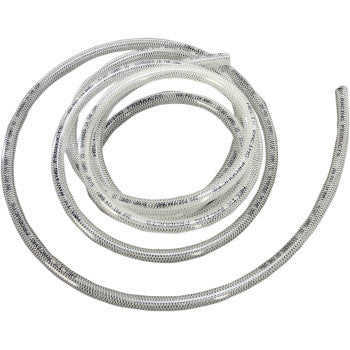 A 10' length of Helix High Pressure Fuel Line Clear 5/16", featuring a transparent outer layer, visible internal mesh, and abrasion-resistant white braided design, coiled in a loose spiral on a plain white background.