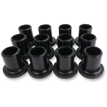 Twelve black, cylindrical plastic spacers with flanged bases are arranged in rows on a white background, forming the Bushing Kit Front A-Arm Rear Swingarm by Epi—ideal for OEM-quality replacement parts.