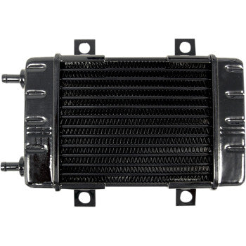 The Universal Oil Cooler - 14-Row - Gloss Black by Jagg Oil Coolers is a black, rectangular cooler with metal fins, side mounting tabs, and two inlet/outlet pipes on the left.