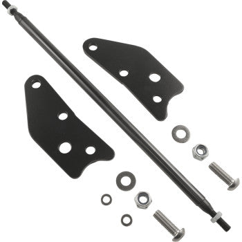 A set of black metal brackets, a long rod, screws, nuts, and washers from the Indian Forward Control Extension Kit - Black by Joker Machine displayed on a white background.