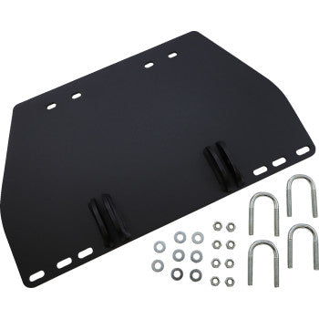 The Arctic Cat Bottom Plow Mount by Moose Offroad features a black metal plate with multiple holes, plus four U-bolts, washers, and nuts—perfect for ATV plow or winch setups—all displayed on a white background.