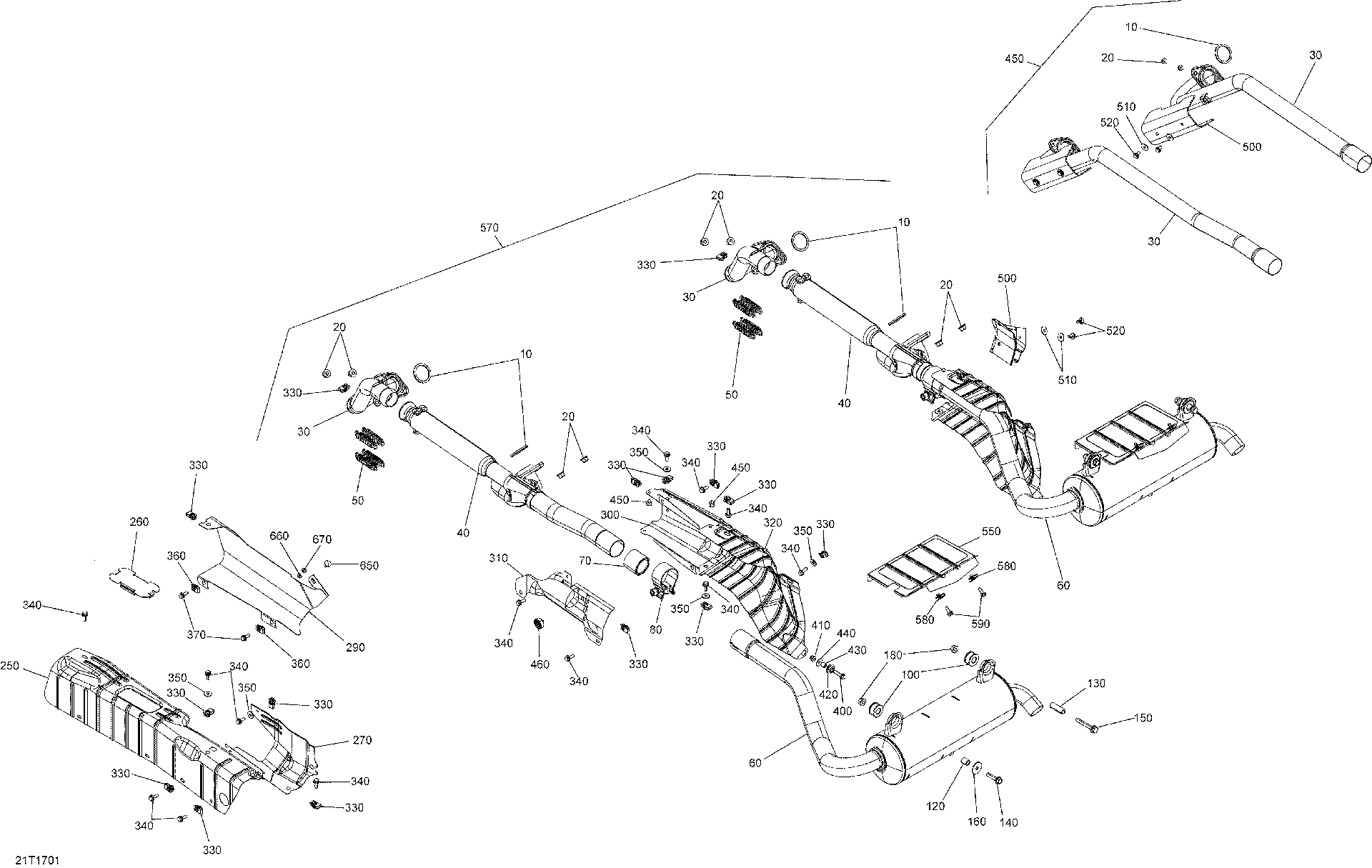An Image of a Genuine Can-Am Parts Schematic Diagram showing the schematic - EXHAUST SYSTEM - ALL MODELS