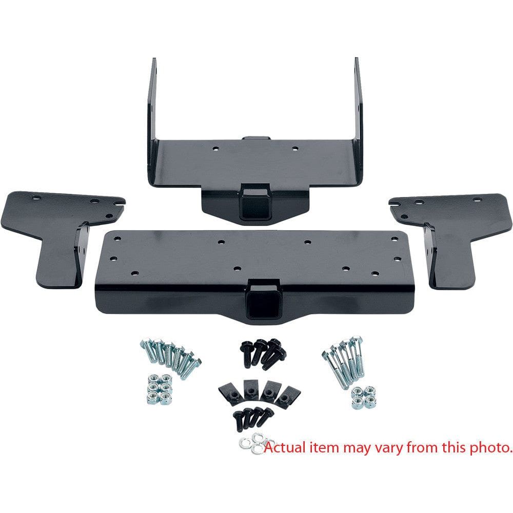 Yamaha YFM700 Winch Mount By Warn with black metal hitch brackets, bolts, washers, and nuts for ATV winch installation on a white background. Red text: Actual item may vary from this photo.