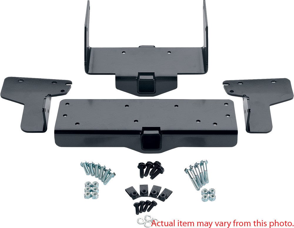 The Yamaha Kodiak 450 Winch Mounting Kit By Warn includes black metal brackets, plates, and assorted hardware for ATV winch installation, shown on a white background. Text below: Actual item may vary from this photo.