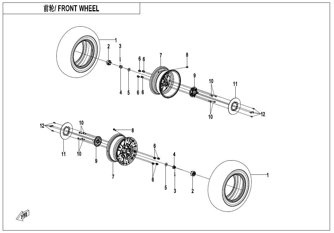 Exploded diagram of a front ATV wheel assembly highlights all parts—tire by CF Moto, axle, bearings, spacers, fasteners—with labeled numbers for easy ID. Find genuine CF Moto OEM parts at Witchdoctors.com.