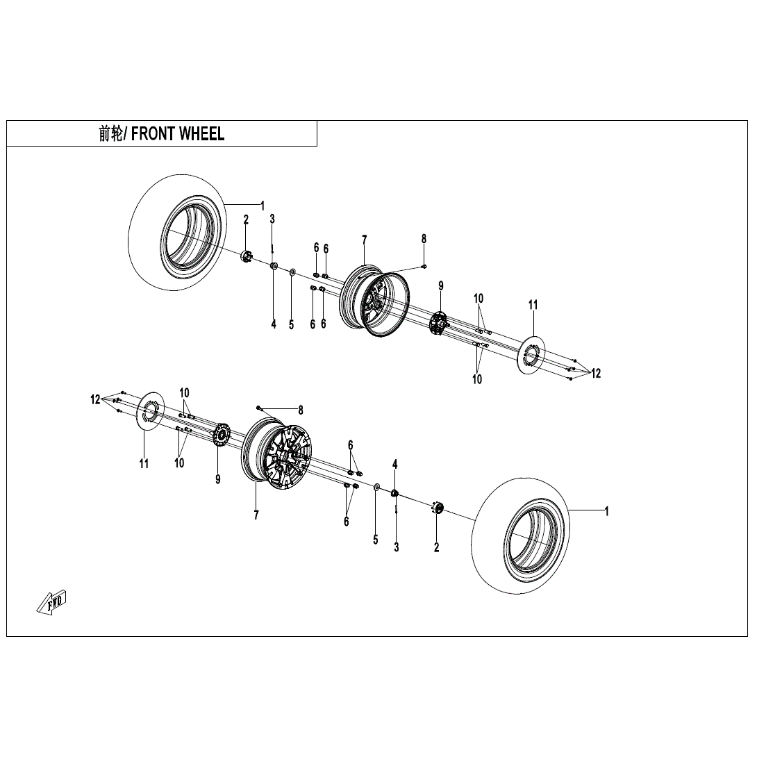 An Image of a Genuine CFMOTO Parts Schematic Diagram showing the schematic - FRONT WHEEL - 2025 CFMOTO UFORCE 800 XL