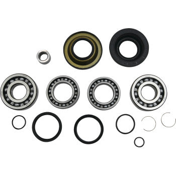 The Honda Differential Bearing Seal Kit Rear by Moose Offroad includes quality bearings, seals, and rings of various sizes, neatly arranged for reliable use in mechanical and automotive applications.