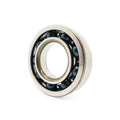 Metal ball bearing with polished steel outer ring and visible black ball bearings inside.