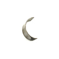 Silver curved metal connecting rod bearing shell with smooth surface and slight chamfered edges.
