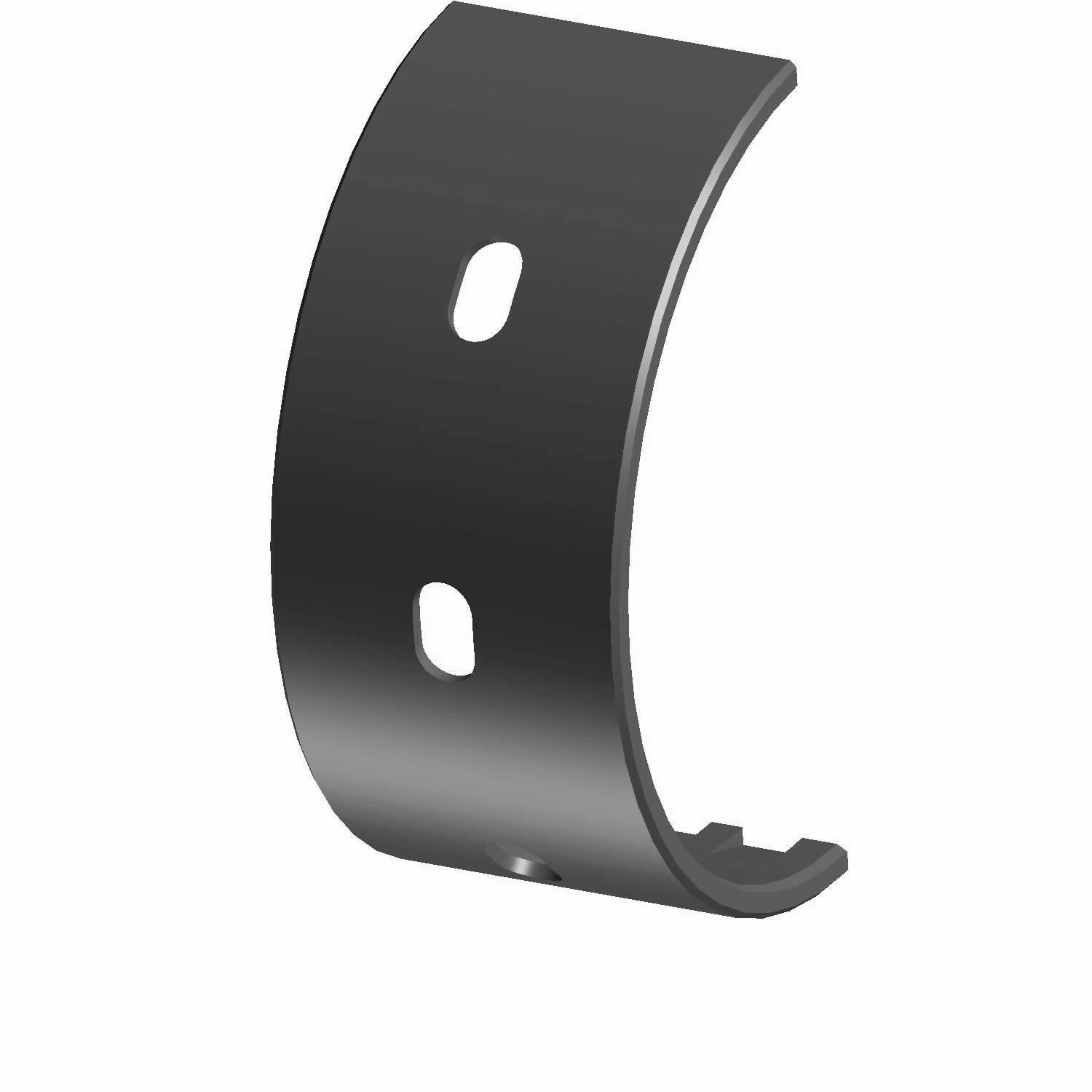 Curved black metal balance shaft bearing with two elongated holes and smooth finish.