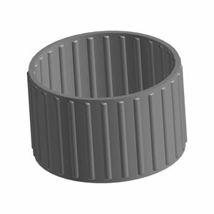 A 3D rendering of a cylindrical, gray, ribbed plastic cap is shown on a white background. The cap, featuring vertical ridges for grip, is part of the Drivetrain / Clutch Needle Bearing by Polaris, used in Indian motorcycle maintenance.