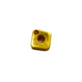 Small square yellow clutch component with central circular hole and one rounded corner detail.