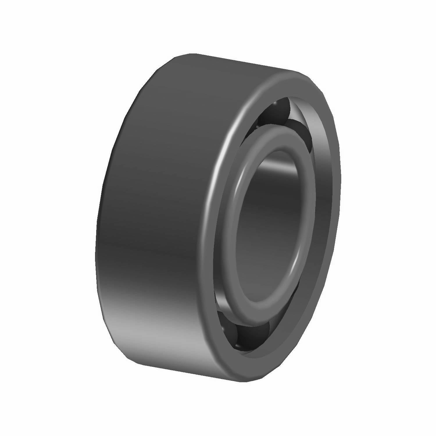 Gray metal cylindrical ball bearing with inner and outer rings and visible ball bearings inside.