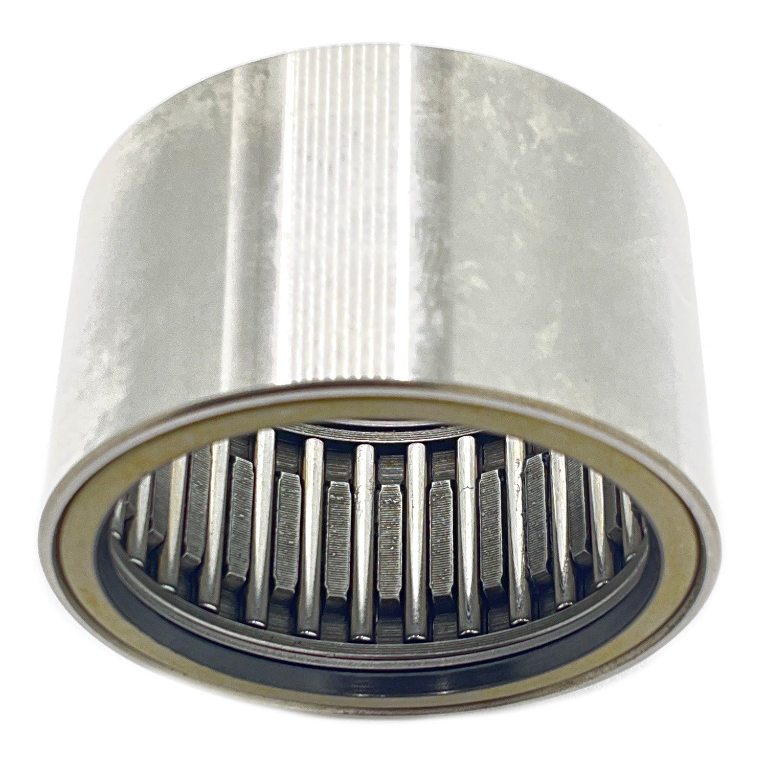 Silver cylindrical needle bearing with evenly spaced internal rollers and smooth outer surface.