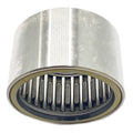 Silver cylindrical needle bearing with evenly spaced internal rollers and smooth outer surface.