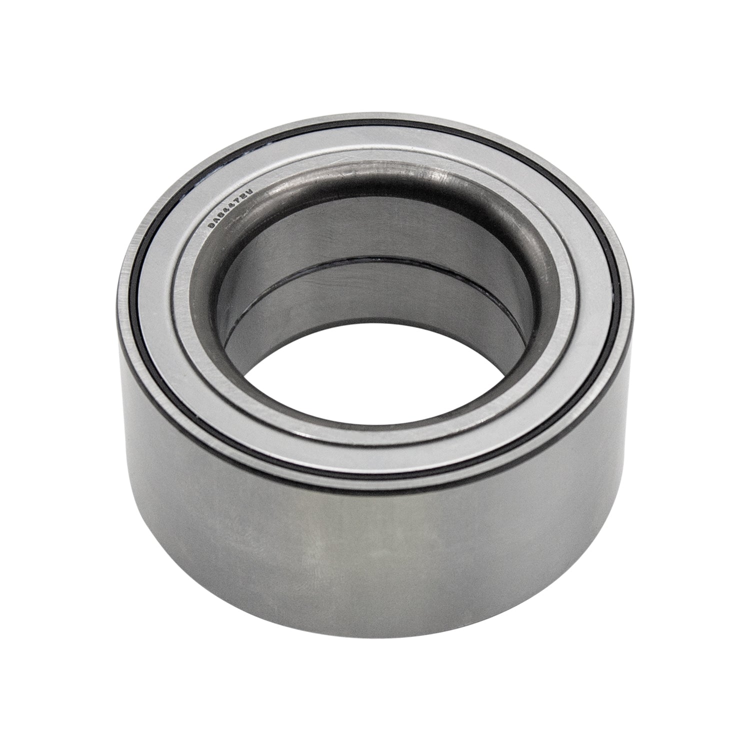 Metal cylindrical wheel bearing with smooth outer and inner rings, silver-gray finish.