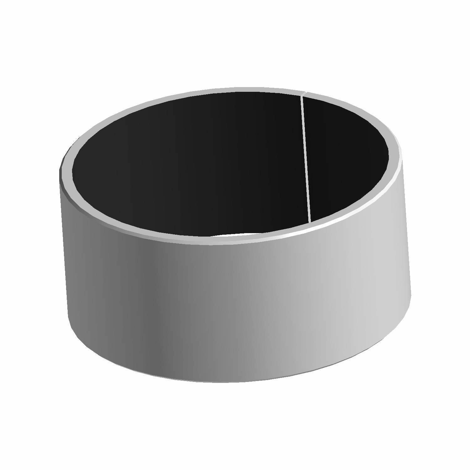 Gray cylindrical metal bushing with smooth inner and outer surfaces and a slight seam visible inside.
