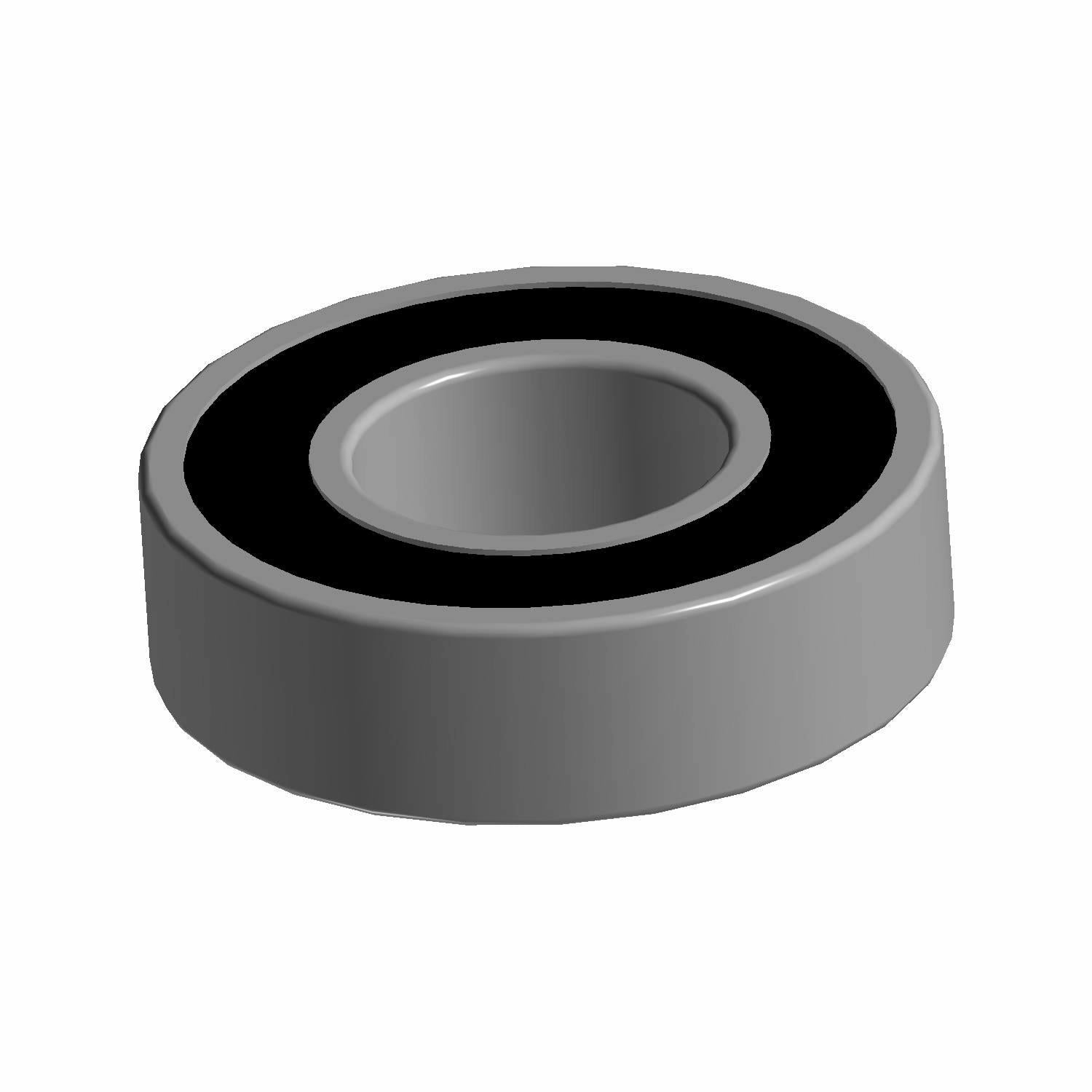 Gray metal circular bearing with black inner ring and hollow center for steering stem assembly.