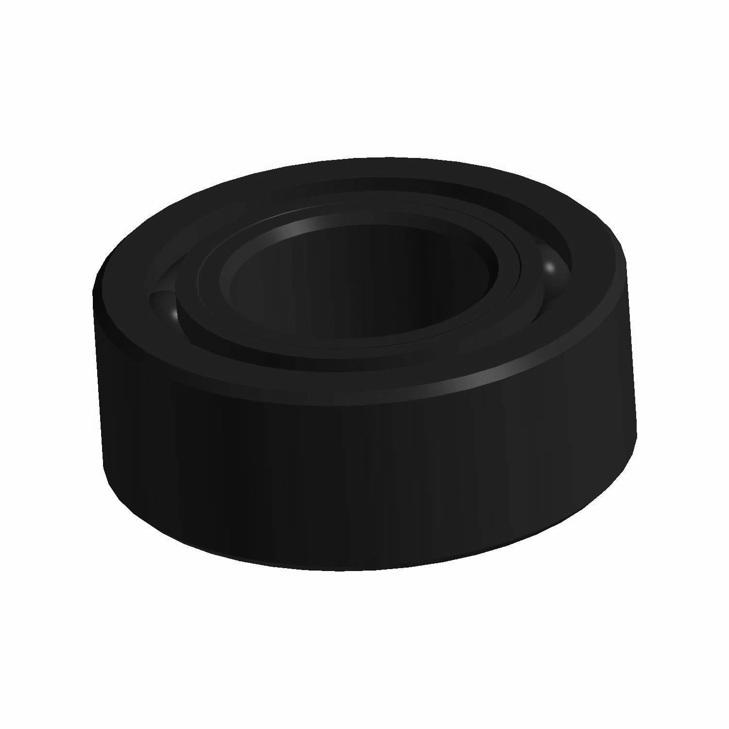 Black cylindrical wheel bearing with smooth outer surface and central hole for axle fitting.
