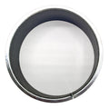 Circular silver metal bearing sleeve with smooth inner surface and small slit on one side.
