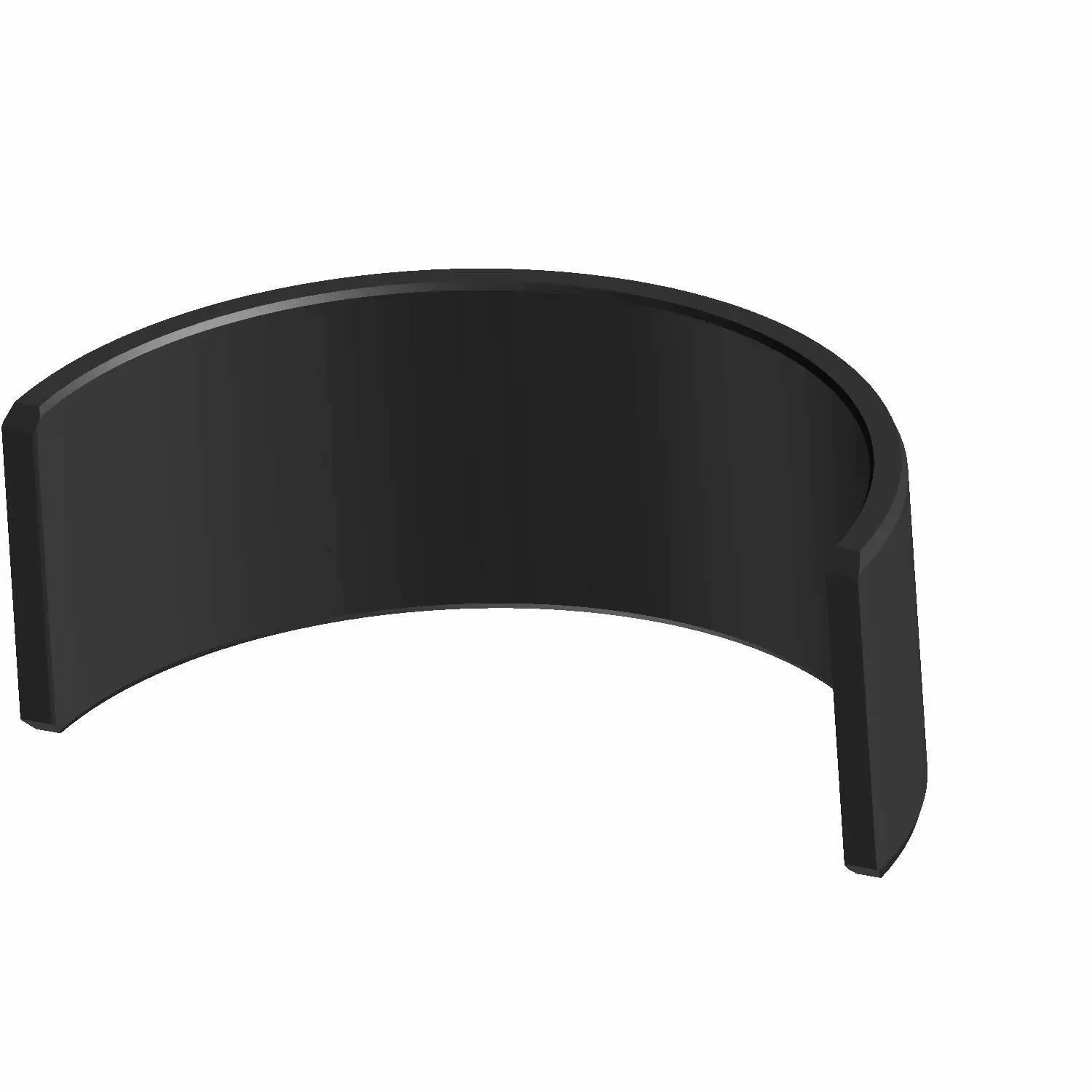 A black, semi-circular Main Bearing 56X60X23 Lower by Polaris, made of plastic or metal with flat, smooth surfaces and open ends, is shown against a plain white background.