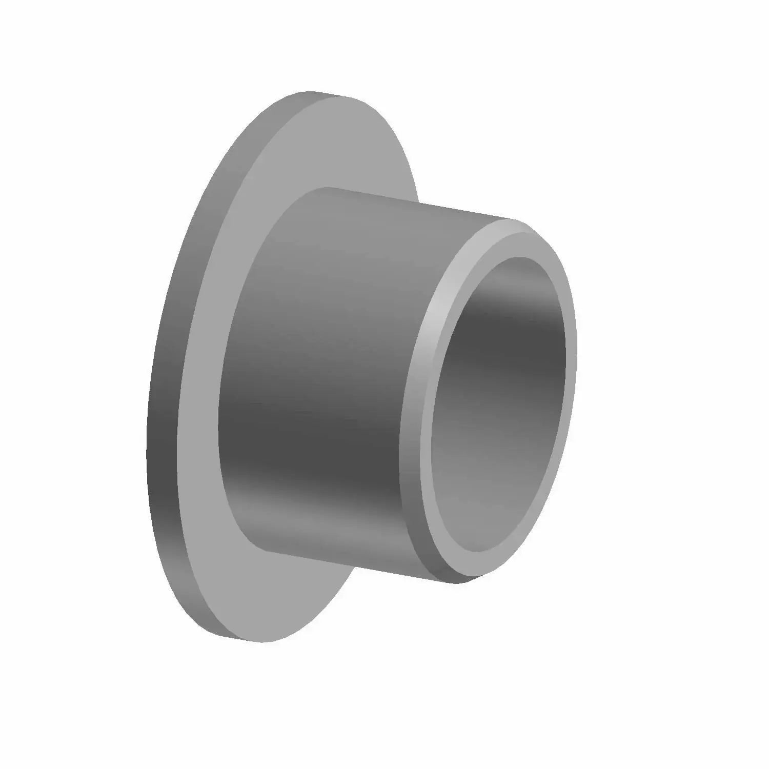 A 3D rendering of a gray metal Windshield Motor Flange Bushing by Polaris, featuring a cylindrical body and a wide, flat flange on one end, set against a plain white background.