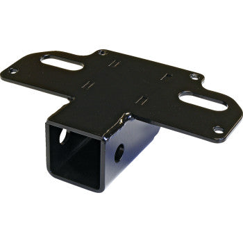 The Yamaha Rhino Hitch Front Receiver 2 by Kfi Products features a black steel bracket with a rectangular receiver tube and multiple mounting holes on the flat plate for durable and versatile front hitch installation.