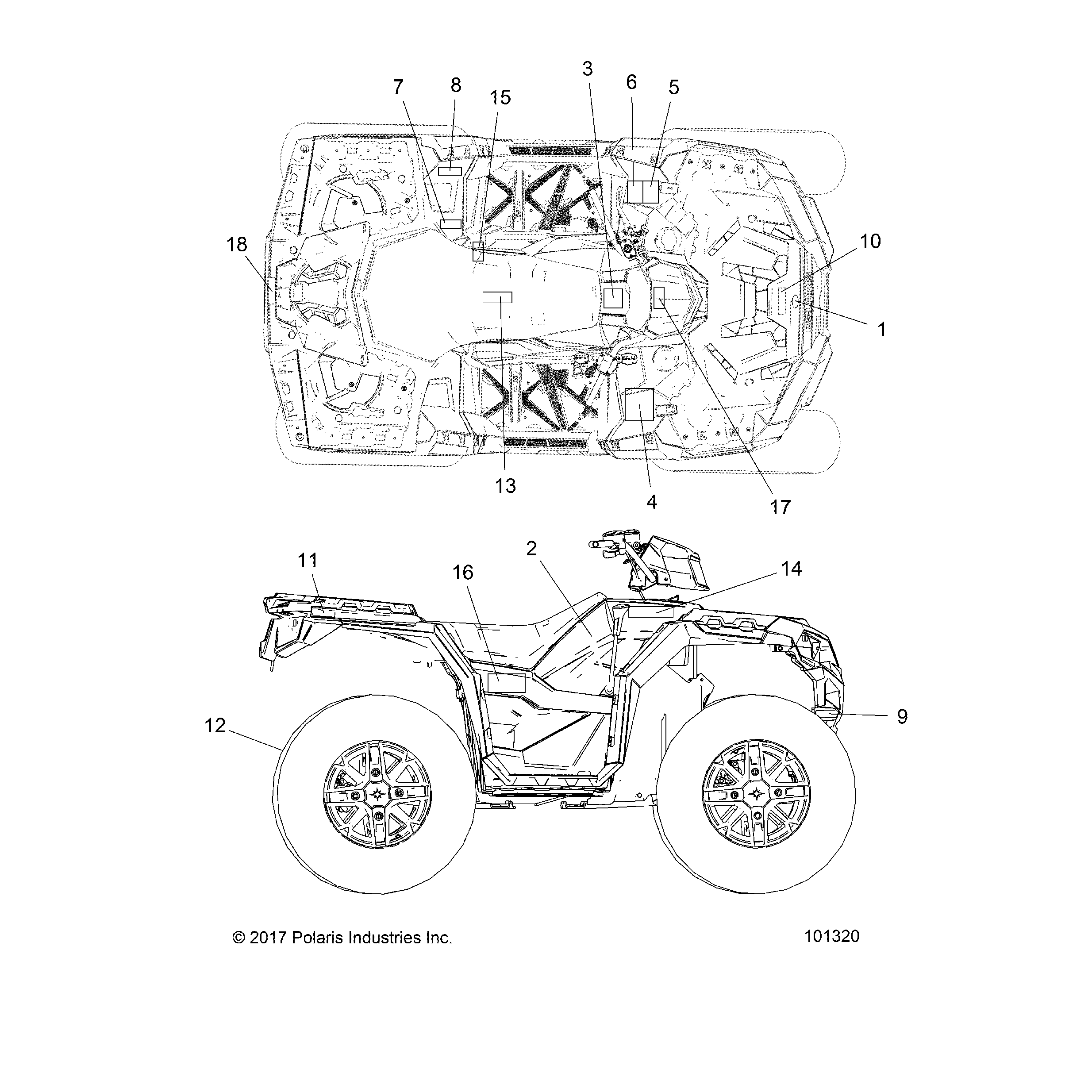 An Image of a Genuine Polaris Parts Schematic Diagram showing the schematic - BODY: DECALS - 2018 POLARIS SPORTSMAN 850 SP