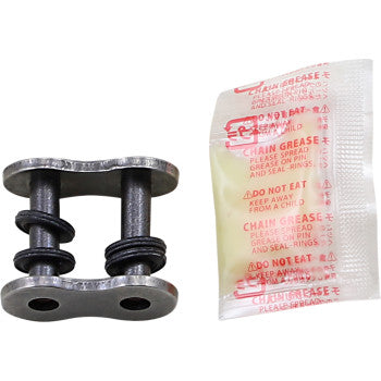 The 530 Max X Connecting Link Rivet by RK, featuring rubber O-rings, is pictured beside a small packet of chain grease with red safety warnings.