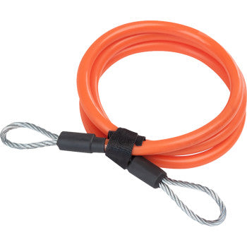 The QuickLoop Security Cable 36" by Giant Loop features a coiled orange cable with metal loops at both ends, an orange vinyl sheath, clear protective sleeves, and a black center strap for high-visibility bike security.