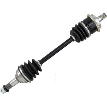 Black metal CV axle with silver joints and black rubber protective boots on both ends.