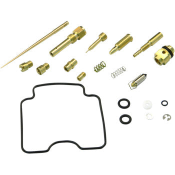 The Yamaha Carburetor Repair Kit by Shindy includes brass jets, float valves, springs, small O-rings, washers, and a large black rubber gasket, all arranged neatly on a white background.