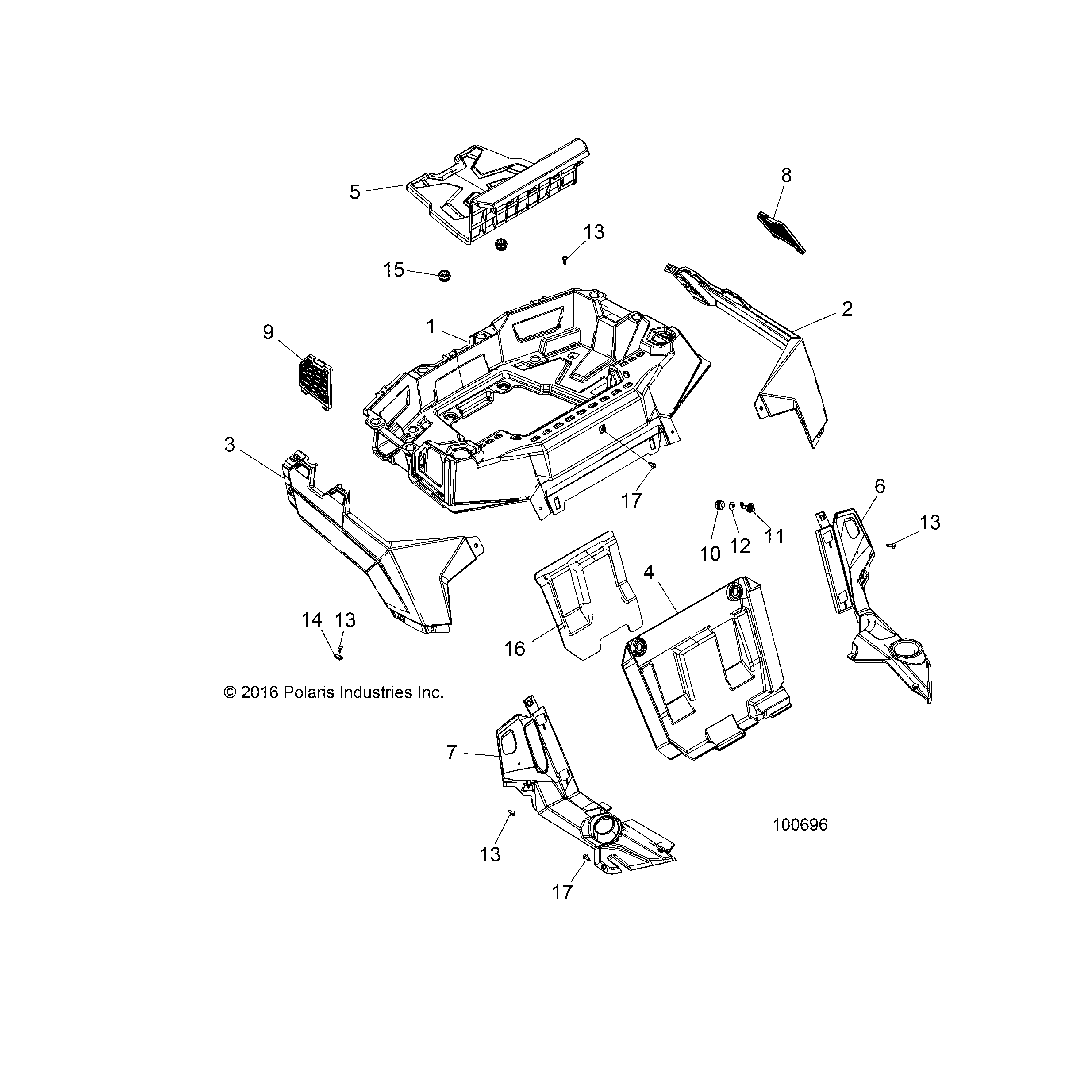 An Image of a Genuine Polaris Parts Schematic Diagram showing the schematic - BODY: REAR RACK AND FENDERS - 2019 POLARIS ACE 570