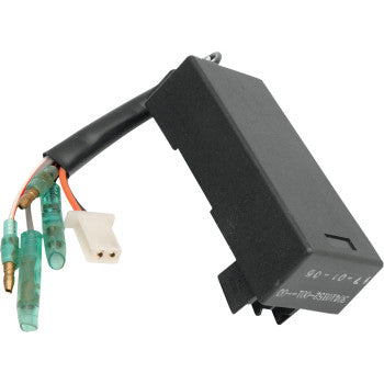 Black rectangular Polaris Hot Shot CDI box with multiple colored insulated wires and connectors attached.