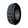 Black cylindrical race bearing with evenly spaced ridges around the outer edge and smooth inner surface.
