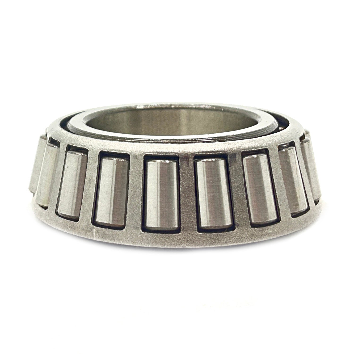 Silver metal tapered roller bearing with evenly spaced rollers and smooth inner ring.