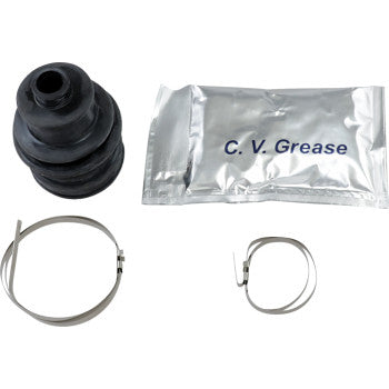 The Polaris CV Boot Kit Front Inner Outer by All Balls includes a black abrasion-resistant CV boot, a silver C. V. Grease packet, and two stainless steel clamps—perfect for ATV CV joint maintenance—displayed on a white background.