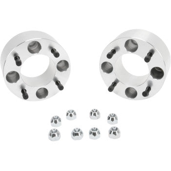 Two silver Spacer with Stud Wheel Rear 4 110 2 1/2 by High Lifter ATV wheel spacers with black studs and eight matching silver lug nuts are displayed on a white background—great for aftermarket tires or use as wheel adapters.
