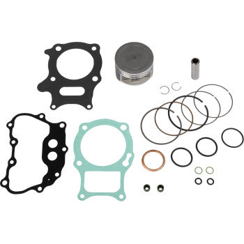 The Honda Top End Kit 69.50 mm by Wsm includes engine gaskets, piston rings, a piston, O-rings, seals, and a cylindrical pin—all displayed on a white background.