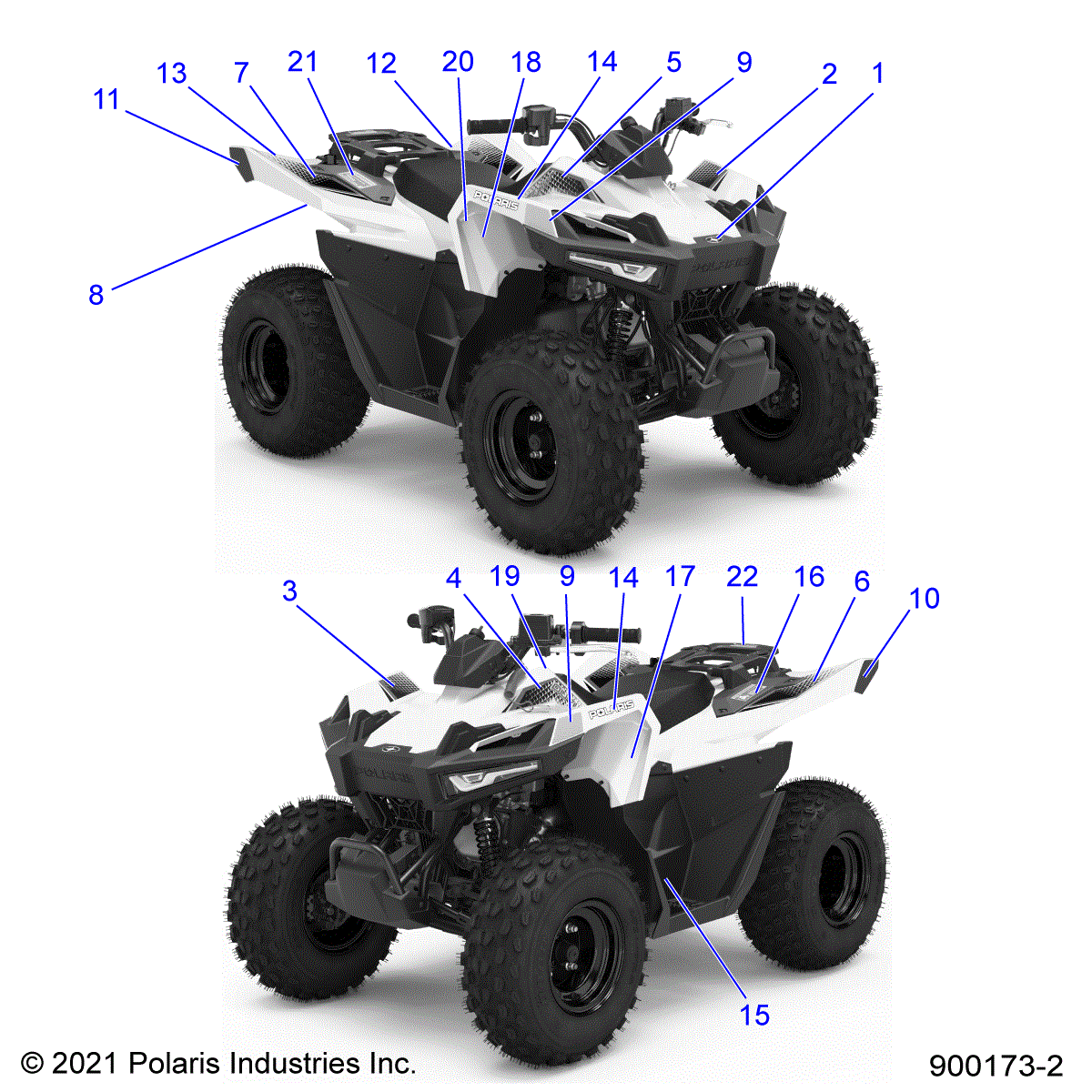 An Image of a Genuine Polaris Parts Schematic Diagram showing the schematic - BODY: DECALS/REFLECTORS WH/PINK - 2022 POLARIS OUTLAW 70