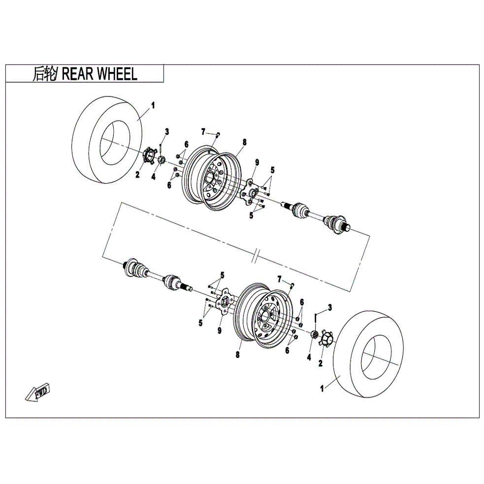 An Image of a genuine CFMOTO Parts Schematic Diagram showing the group - REAR WHEEL - 2022 CFMOTO CFORCE 400