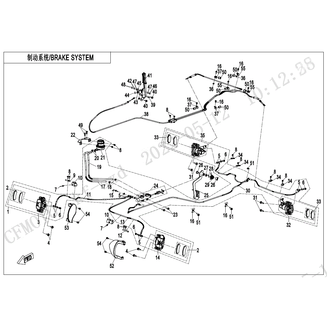 An Image of a Genuine CFMOTO Parts Schematic Diagram showing the schematic - BRAKE SYSTEM - 2024 CFMOTO UFORCE 1000 XL