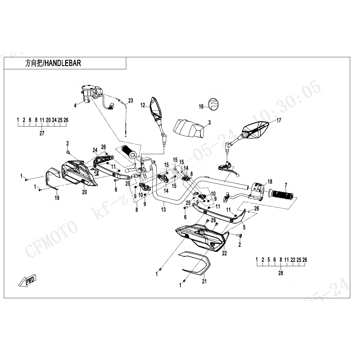 An Image of a genuine CFMOTO Parts Schematic Diagram showing the group - HANDLEBAR - 2024 CFMOTO CFORCE 800 XC