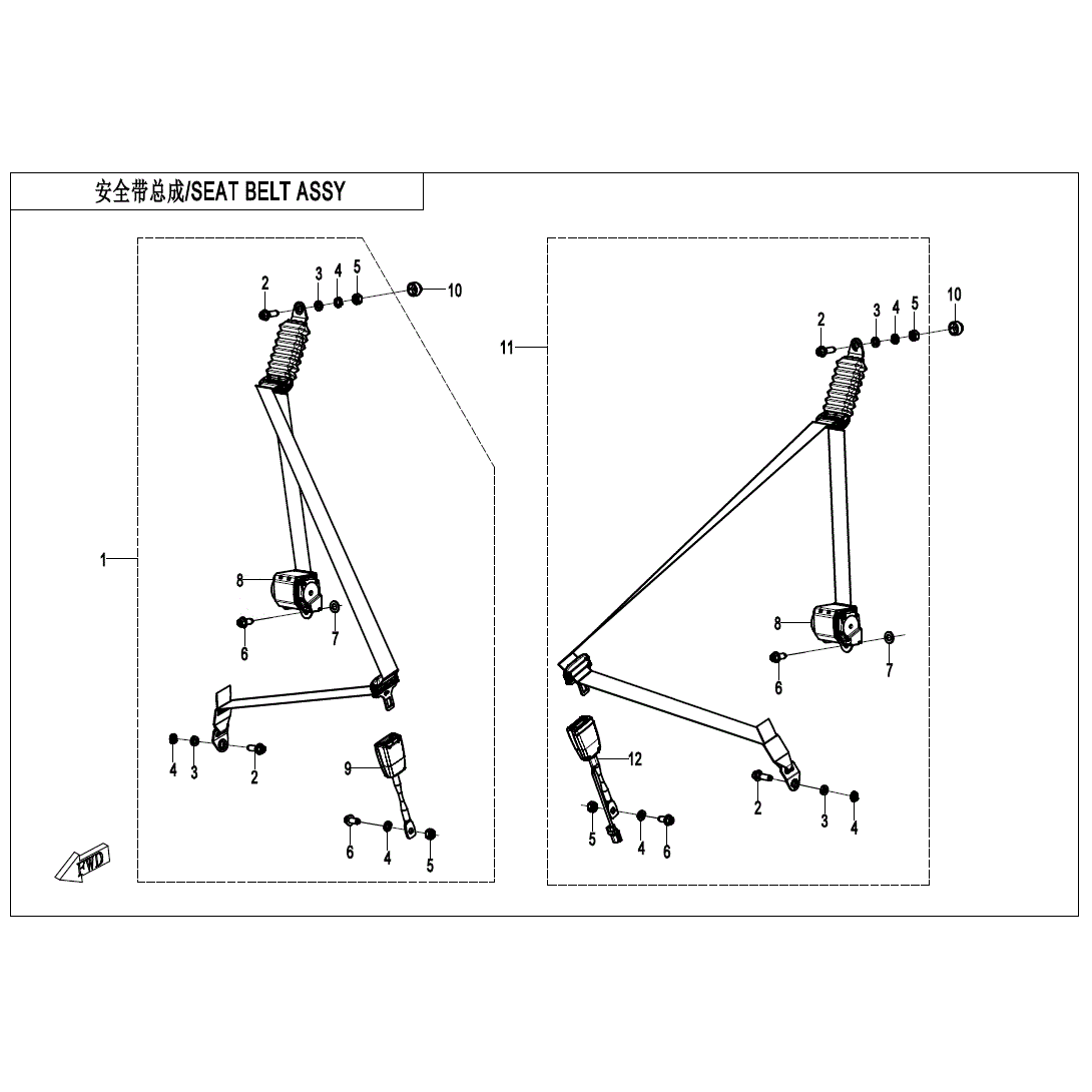 Exploded diagram of the RH Buckle Assembly by CF Moto, with labeled components and arrangement for both left and right vehicle sides; includes OEM part numbers—find more UTV & ATV parts at Witchdoctors.com.