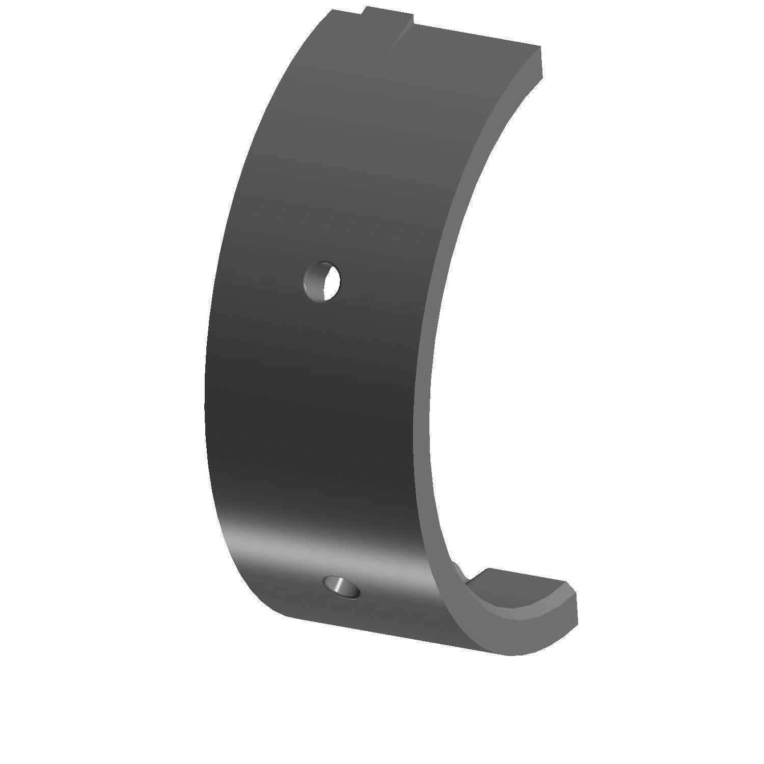 Curved metallic main journal bearing with two bolt holes, smooth dark gray finish.