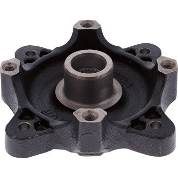 The Polaris RZR Ranger Wheel Hub Front by All Balls is a black metal hub with a central cylindrical opening, five evenly spaced bolt holes, and factory-smooth machined inner surfaces designed for durability and precise bearing fitment.
